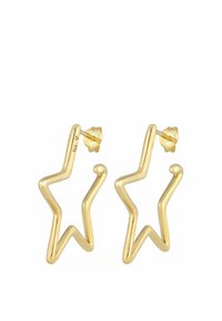 Orecchini a forma di stella color oro con un design ondulato, realizzati in metallo, con una superficie liscia e un retro a perno per indossarli in sicurezza.