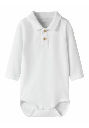 Wit babyrompertje met lange mouwen, kraagje, twee houten knopen op de knoopsluiting en drukknoopjes in het kruis voor gemakkelijk verschonen van luiers.