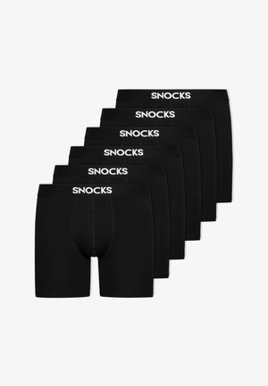 Black cotton boxer shorts in a pack of six, featuring a white "SNOCKS" logo on the elastic waistband and a fitted design.