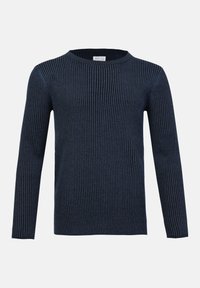 Navy ribbed knit sweater with long sleeves, crew neckline, and textured pattern. Made from a soft fabric, featuring a slim silhouette.