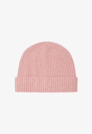 Roze gebreide beanie met een geribbeld tekstuur, zachte stof, met een opgerolde boord aan de onderkant en een ronde top.
