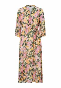 Bloemenmaxi-jurk van lichtgewicht stof, met een roze, gele en groene bloemenprint, v-hals, 3/4 mouwen en een strikceintuur.