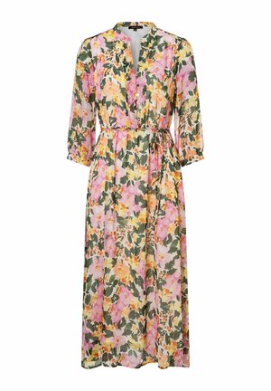 Floralmaxikleid aus leichtem Material, mit einem floralem Muster in Pink, Gelb und Grün, V-Ausschnitt, 3/4-Ärmeln und einer Bindegürtel.