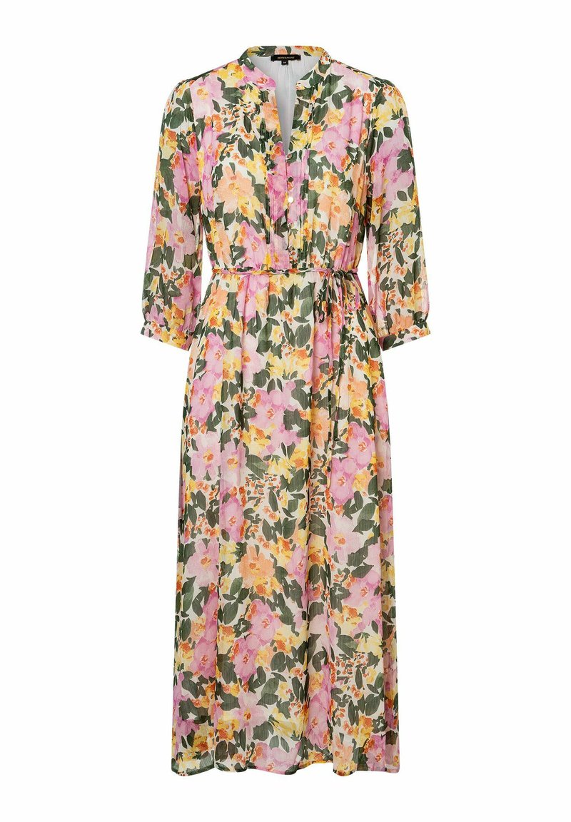 Bloemenmaxi-jurk van lichtgewicht stof, met een roze, gele en groene bloemenprint, v-hals, 3/4 mouwen en een strikceintuur.
