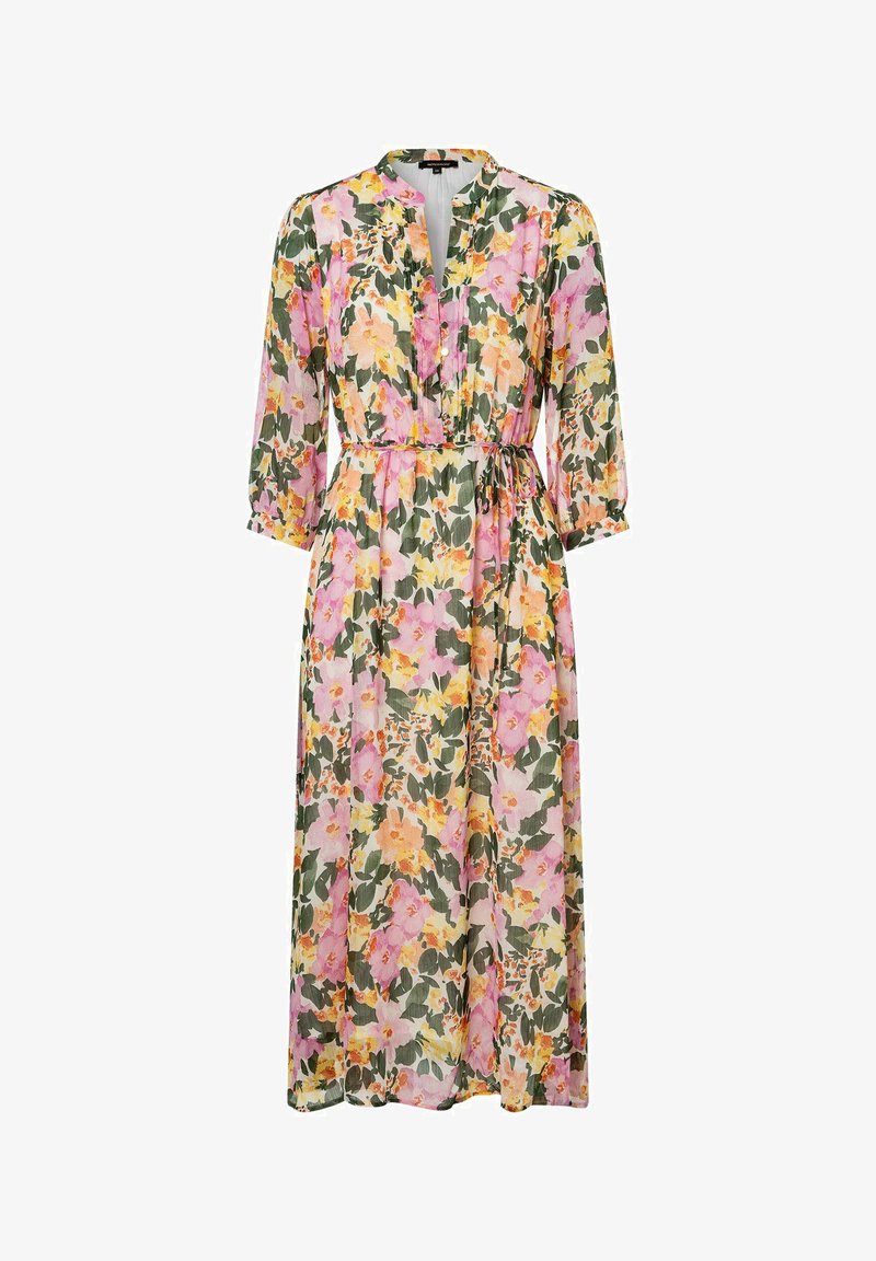 Floralmaxikleid aus leichtem Material, mit einem floralem Muster in Pink, Gelb und Grün, V-Ausschnitt, 3/4-Ärmeln und einer Bindegürtel.