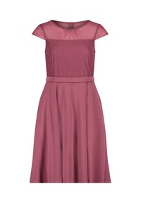 Robe rose avec un corsage ajusté, des manches en mesh, un décolleté rond et une jupe évasée avec une ceinture, confectionnée dans un tissu texturé.