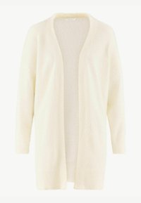 Długi kardigan z otwartym przodem, wykonany z miękkiego, puszystego kremowego materiału. Posiada długie rękawy, brak guzików oraz luźny krój. Teksturalne wykończenie na całej powierzchni.