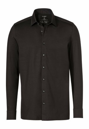 Schwarzes Langarmshirt aus glattem Stoff. verfügt über einen spitzen Kragen und metallische Knöpfe entlang der Front, mit knopfmusterenden Manschetten.