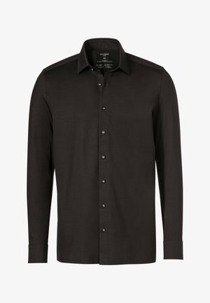 Schwarzes Langarmshirt aus glattem Stoff. verfügt über einen spitzen Kragen und metallische Knöpfe entlang der Front, mit knopfmusterenden Manschetten.