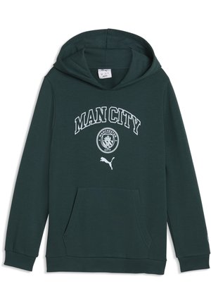 Felpa con cappuccio verde scuro con tasca frontale, testo "MAN CITY", logo del Manchester City e logo Puma bianco sul petto.