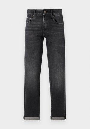 Sorte denim jeans med rett snitt, med knappelinning, tradisjonelt femlommers design og oppbrettede ermer. Jevn tekstur.