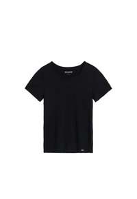 Czarny T-shirt z krótkim rękawem wykonany z gładkiej bawełny, z okrągłym dekoltem i prostym wzorem z minimalnym logo na dolnym brzegu.