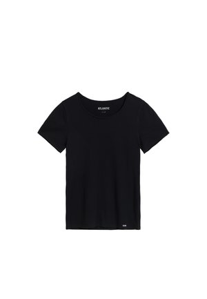 Czarny T-shirt z krótkim rękawem wykonany z gładkiej bawełny, z okrągłym dekoltem i prostym wzorem z minimalnym logo na dolnym brzegu.