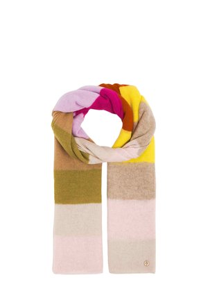 Soft knitted scarf with wide horizontal stripes in pink, beige, olive, yellow, orange, and magenta colors, looped in a circle.