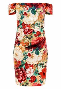 Robe à fleurs avec manches épaules dénudées. Tissu aux couleurs vives présentant de grandes fleurs rouges, blanches et vertes sur un fond orange.