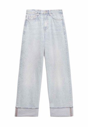 Lichtblauwe wijde jeans met omgeslagen zoom, knoop- en ritssluiting aan de voorkant en ontwerp met vijf zakken.