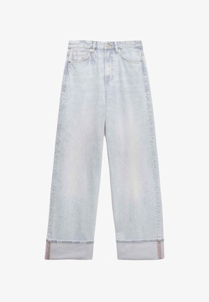 Light blue wide-leg jeans with cuffed hems, front button and zipper, and five-pocket design.