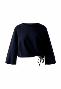 Marineblaues, kurzes Sweatshirt mit runder Halslinie, lockerer Passform und langen Ärmeln. Verfügt über eine Kordel am Saum zur Anpassung. Weicher Stoff.