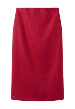 Falda recta roja hasta la rodilla con una cinturilla simple, hecha de tela texturizada, mostrada sobre un fondo blanco.