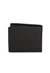 Portafoglio in pelle nera con una texture liscia, design pieghevole e uno slot per carte orizzontale su un lato. Forma compatta e minimalista.