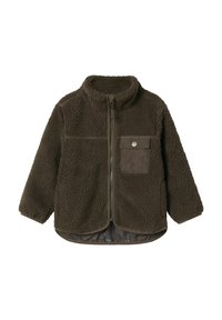 Giacca in pile marrone con colletto alto, zip completa e tasca frontale. Presenta un'esterno testurizzato e una fodera interna liscia.
