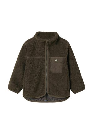 Veste en polaire marron avec un col haut, une fermeture éclair intégrale et une poche avant. Présente un extérieur texturé et une doublure intérieure lisse.