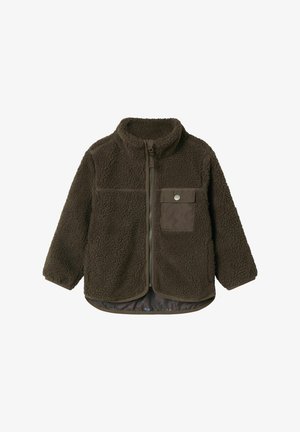Bruine fleece jas met een hoge kraag, volledige rits en een voorkantzak. Heeft een gestructureerde buitenkant en een gladde binnenvoering.