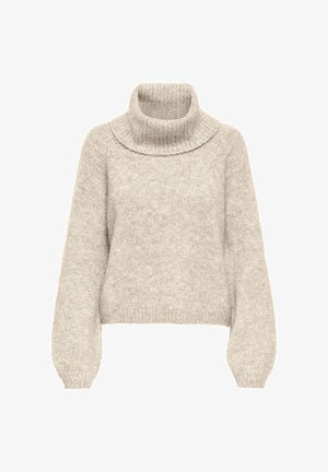 Pull en col roulé beige clair avec un col côtelé, des manches amples et un motif en tricot texturé. Coupe cropped avec un ourlet élastiqué.