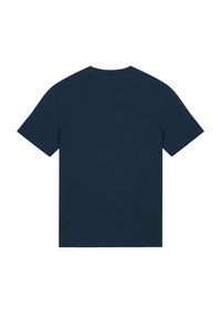 T-shirt en coton bleu marine avec un col rond et des manches courtes. Le dos présente un design uni sans logos ni motifs visibles.
