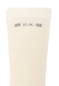 Calzino in cotone beige con una texture a costine e punta rinforzata, con la stampa "# EA #" in grigio lungo il bordo superiore.