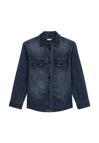 Denim shirt in dark blue with long sleeves, two front pockets, button closure, and a classic collar. Features visible stitching details.