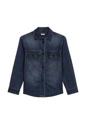 Dunkelblaue Jeanshemd mit langen Ärmeln, zwei Vorder Taschen, Knopfverschluß und klassischem Kragen. Mit sichtbaren Steppnähten.