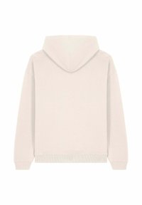 Sweat à capuche en beige clair, fabriqué à partir d'un tissu doux. Présente des poignets et un ourlet côtelés, avec un design simple et sans logos ni motifs visibles.