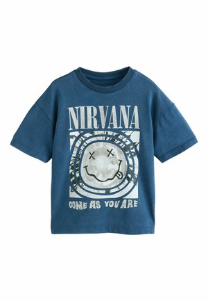 Blaues Baumwoll-T-Shirt mit kurzen Ärmeln, das ein lachendes Gesicht und den Text "NIRVANA" und "COME AS YOU ARE" in Weiß zeigt.