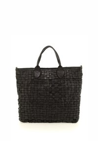 Borsa tote in pelle intrecciata nera con due manici arrotondati. Presenta un motivo testurizzato a griglia, un design spazioso e nessun hardware visibile.