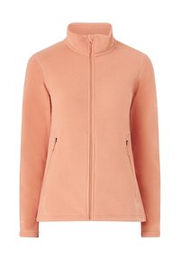 Fleece jasje in zachte perzikkleur, met een hoge kraag, volledige rits en twee zijzakken met ritsen. Gestructureerde stofafwerking.