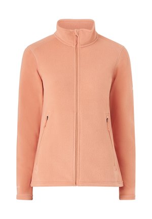 Fleece jacket in soft peach color, featuring a high collar, full zipper, and two side pockets with zip closures. Textured fabric finish.