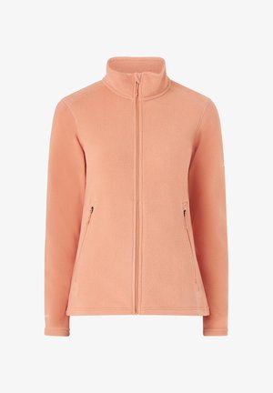 Fleecejakke i blød ferskenfarve, med høj krave, fuld lynlås og to sidelommer med lynlåslukninger. Teksturering af stoffet.