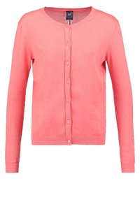 Korallrosa cardigan tillverkad av mjukt tyg, med rund hals, helärmar och knäppning fram med matchande knappar.