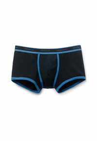 Schwarze Boxer-Briefs mit einem blauen Bund, aus weichem Material, mit kontrastierenden blauen Besätzen entlang der Säume und einem Design mit Fronttasche.
