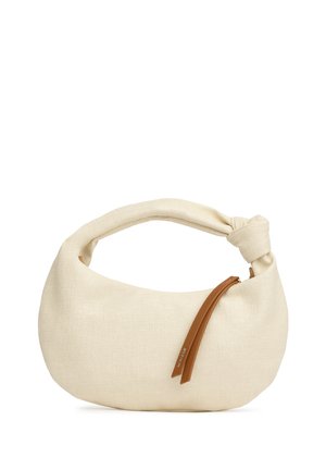 Borsa in tessuto beige con manico annodato e cursore della cerniera in pelle marrone su sfondo bianco.
