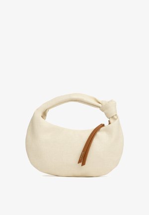 Sac à main en tissu beige avec une poignée nouée et une tirette de fermeture éclair en cuir marron sur fond blanc.