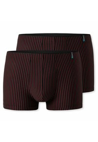 Black and red striped boxer briefs with a soft elastic waistband, featuring a contour pouch and a smooth texture. Suitable for everyday wear.