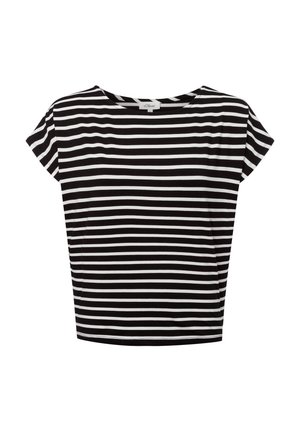 Zwart-wit horizontaal gestreept T-shirt met korte mouwen en een ronde hals, plat uitgestald op een witte achtergrond.