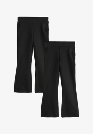 Zwei Paar schwarze Hosen mit weitem Bein und elastischem Bund, flach liegend ohne sichtbare Verschlüsse oder Taschen dargestellt.