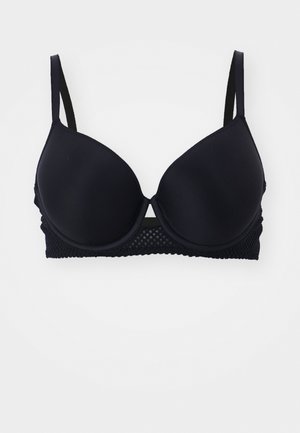 Black bra with molded cups, smooth fabric, and adjustable straps. Features a mesh band for added texture and support. Classic design.