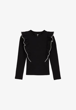 Maglia nera a maniche lunghe con texture a costine, caratterizzata da accenti a volant lungo le spalle e dettagli in argento.