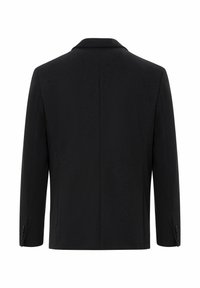 Schwarzer Blazer mit Reverskragen, strukturierten Schultern, langen Ärmeln und Vier-Knopf-Manschetten, aus einem glatten, strukturierten Stoff.
