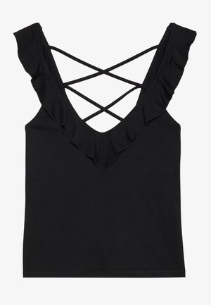 Top nero senza maniche con scollatura a V, spalline arricciate e schiena incrociata. Realizzato in un tessuto morbido ed elastico.