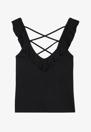 Top nero senza maniche con scollatura a V, spalline arricciate e schiena incrociata. Realizzato in un tessuto morbido ed elastico.